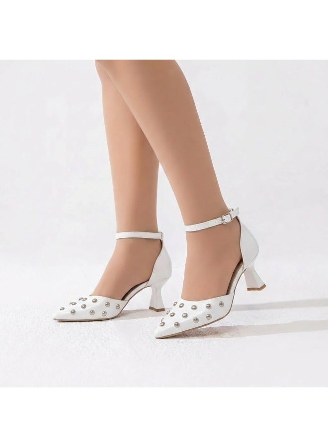 لايف ستيلاش  أحذية كعب متوسط جلد مع إبزيم F-600 - ابيض - Image 1